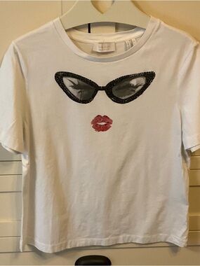 White Embellished Sunglasses & Lips Graphic Tee